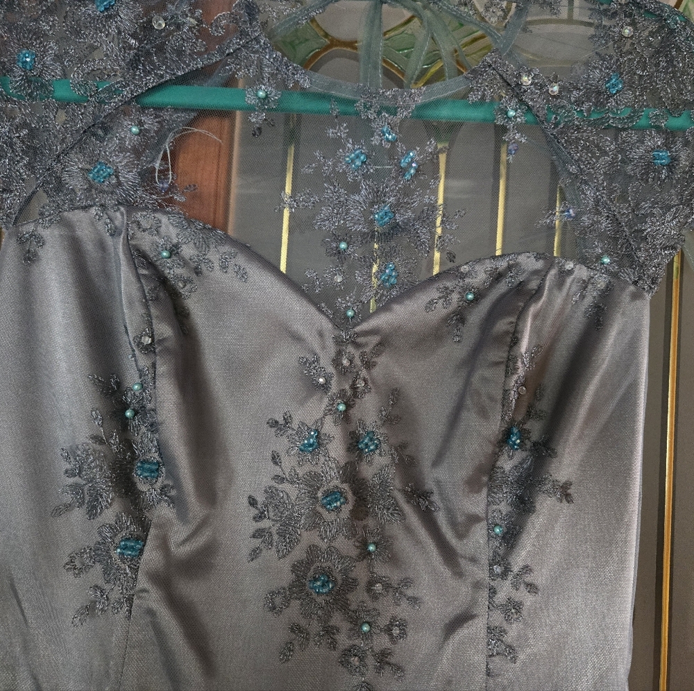 Chi Chi London Gray Dress with Teal Floral Details